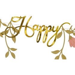 Banner de feliz cumpleaos con flores rosas y doradas - 1, 3 m. n1