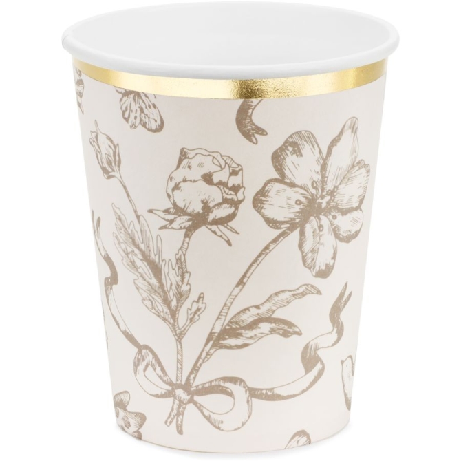 6 tazas florales beige - Detalles dorados brillantes 
