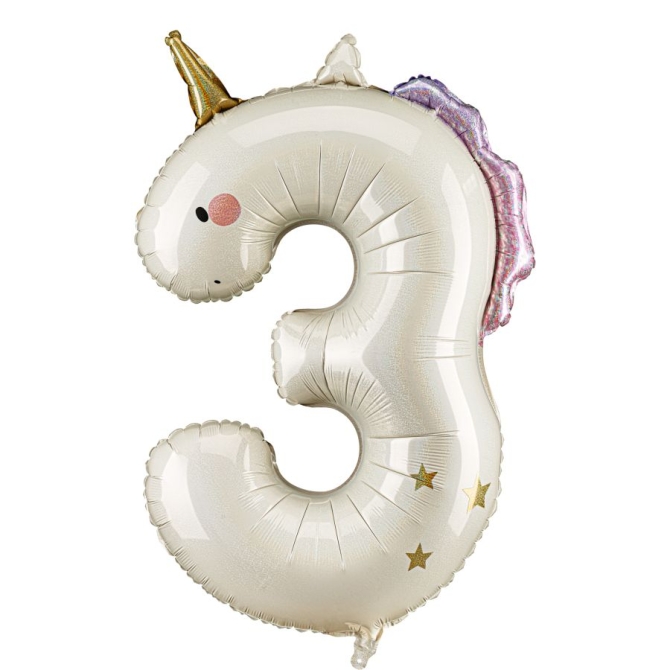 Globo gigante de aluminio con n�mero 3 de unicornio (93 cm) 