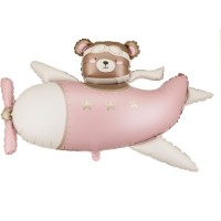 Globo gigante rosa de papel de aluminio con forma de avi�n y osito de peluche � 94 cm