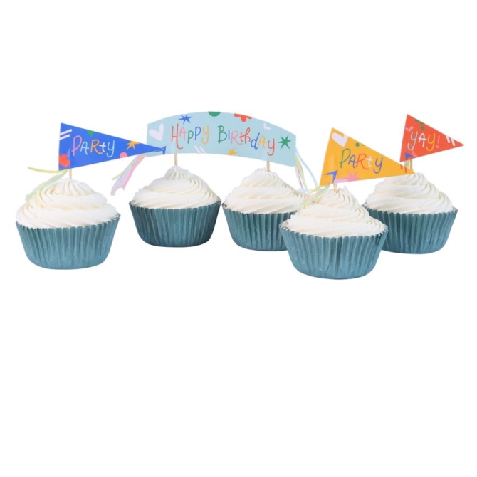 Kit de 24 platos y decoraciones para cupcakes - Feliz Cumpleaos 