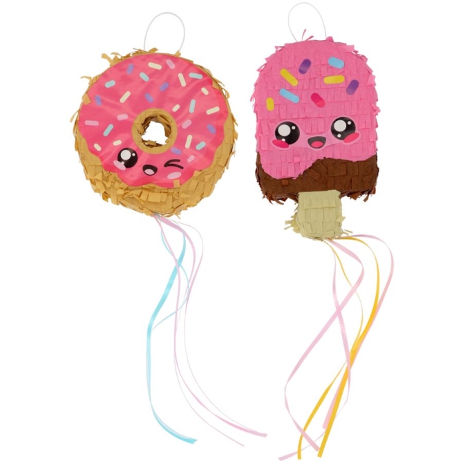 2 mini piñatas de tirar, donas y helados, fiesta Kawaii
