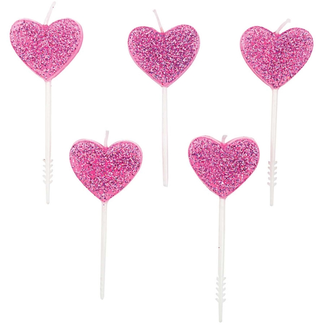 5 Mini Velas Corazón Purpurina Rosa 