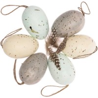6 Huevos de Pascua Colgantes (6 cm) - Pastel/Pluma Dorada