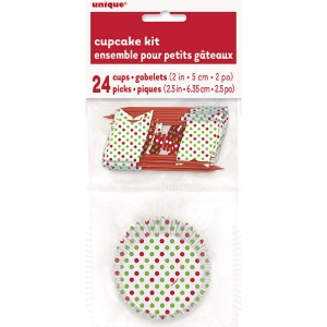 Kit de 24 moldes y adornos para cupcakes con lunares rojos/verdes