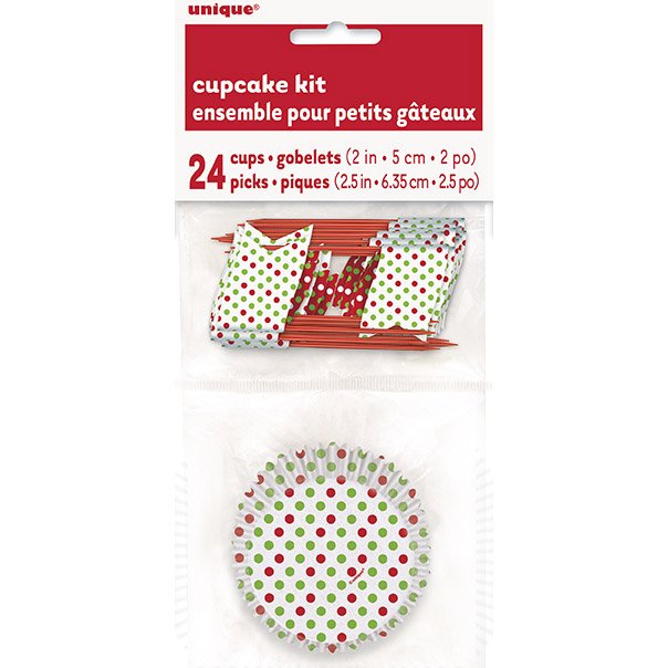Kit de 24 moldes y adornos para cupcakes con lunares rojos / verdes 