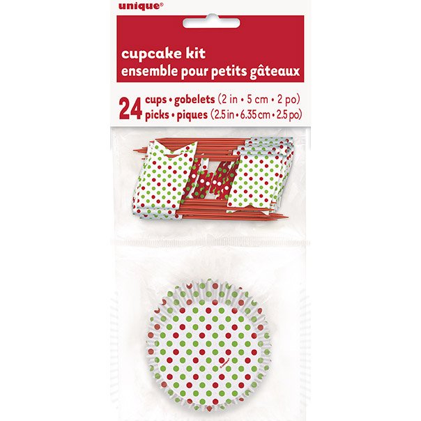 Kit de 24 moldes y adornos para cupcakes con lunares rojos / verdes 
