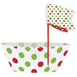 Kit de 24 moldes y adornos para cupcakes con lunares rojos / verdes. n1