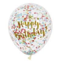 6 Globos Dorados Happy Birthday y Confeti Multicolor