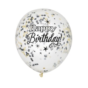 6 globos negros de feliz cumpleaos y confeti dorado/plateado