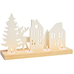 Arreglo de Adviento blanco � Casa,  abeto y ciervo en porcelana y madera. n�1