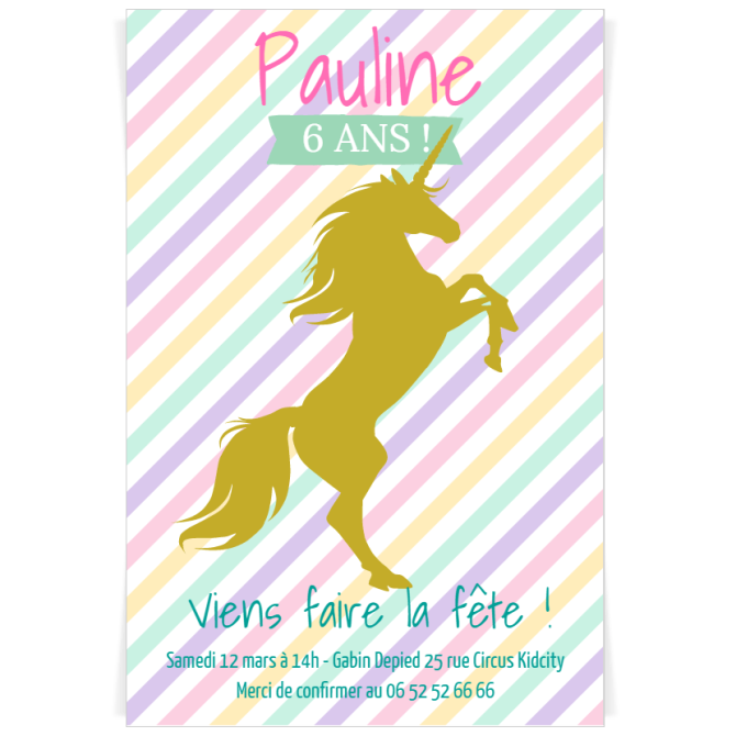 Invitaci�n a personalizar - Unicornio Rayas Doradas 
