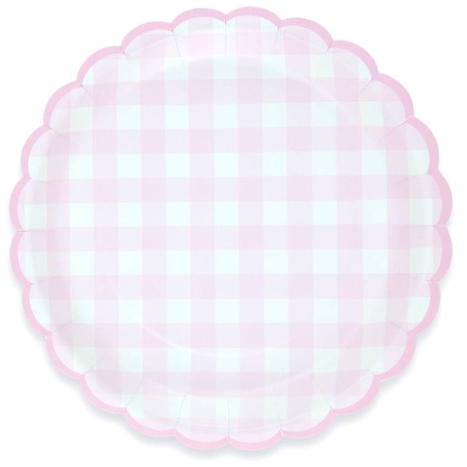 Caja de fiesta festoneada de cuadros vichy rosas 